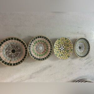 vintage MCM set of 4 Mosaic tiles pebbles round trinket dishes 5.25" dia.